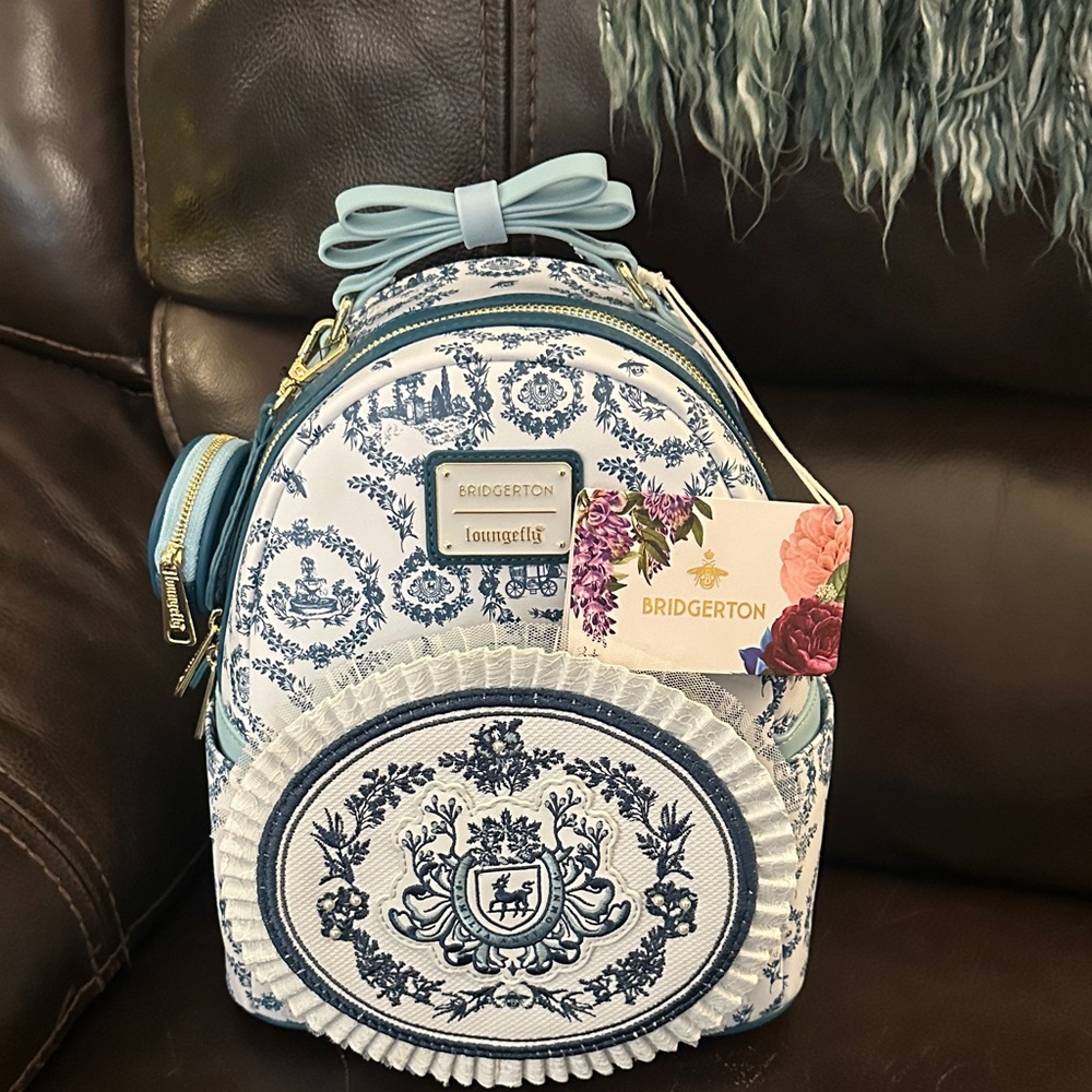 Bridgerton Loungefly Blue and White Patterned Backpack ruffles Coin Purse NWT